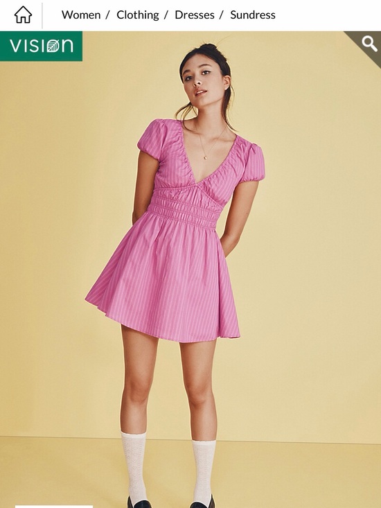 twik Dresses & Skirts - twik Pink (with soft stripes) V‑Neck Smocked Waist Mini Dress / Poplin Dress